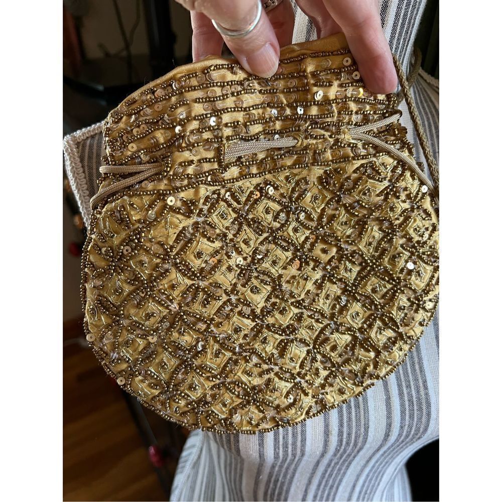 Gold satin beaded evening bag cross body purse - Picture 3 of 9